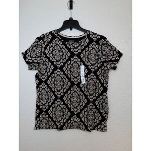 Croft & Barrow Womens Classic Tee XL Black Beige Medallion Print Short Sleeve
